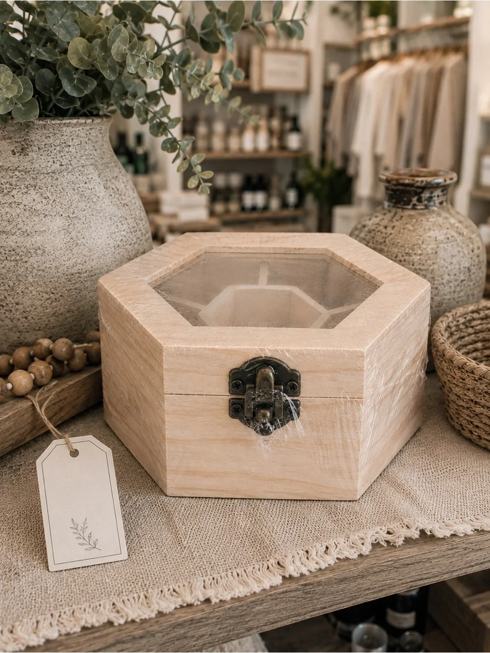 Hexagon Wooden Jewelry Box Clear Lid Natural Wood Keepsake Storage